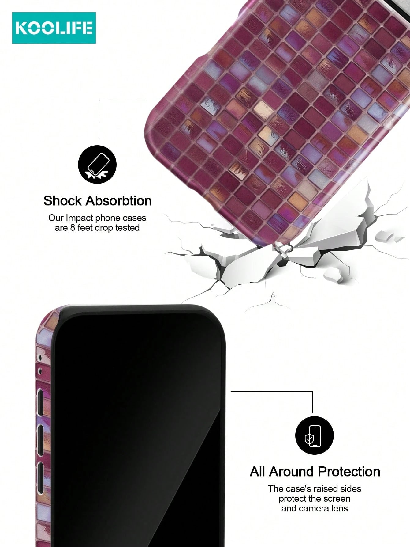 Koolife 1pc Purple Colorful Mosaic Grid Phone Case, 2-In-1 Phone Case, PC+TPU Material, Glossy Hard Shell, Shiny Tile Pattern Scratch-Resistant Anti-Drop Protective Cover, For Phone18pro/18pro Max/17