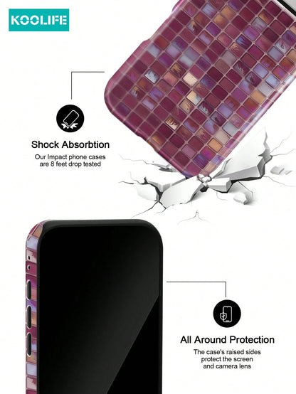 Koolife 1pc Purple Colorful Mosaic Grid Phone Case, 2-In-1 Phone Case, PC+TPU Material, Glossy Hard Shell, Shiny Tile Pattern Scratch-Resistant Anti-Drop Protective Cover, For Phone18pro/18pro Max/17