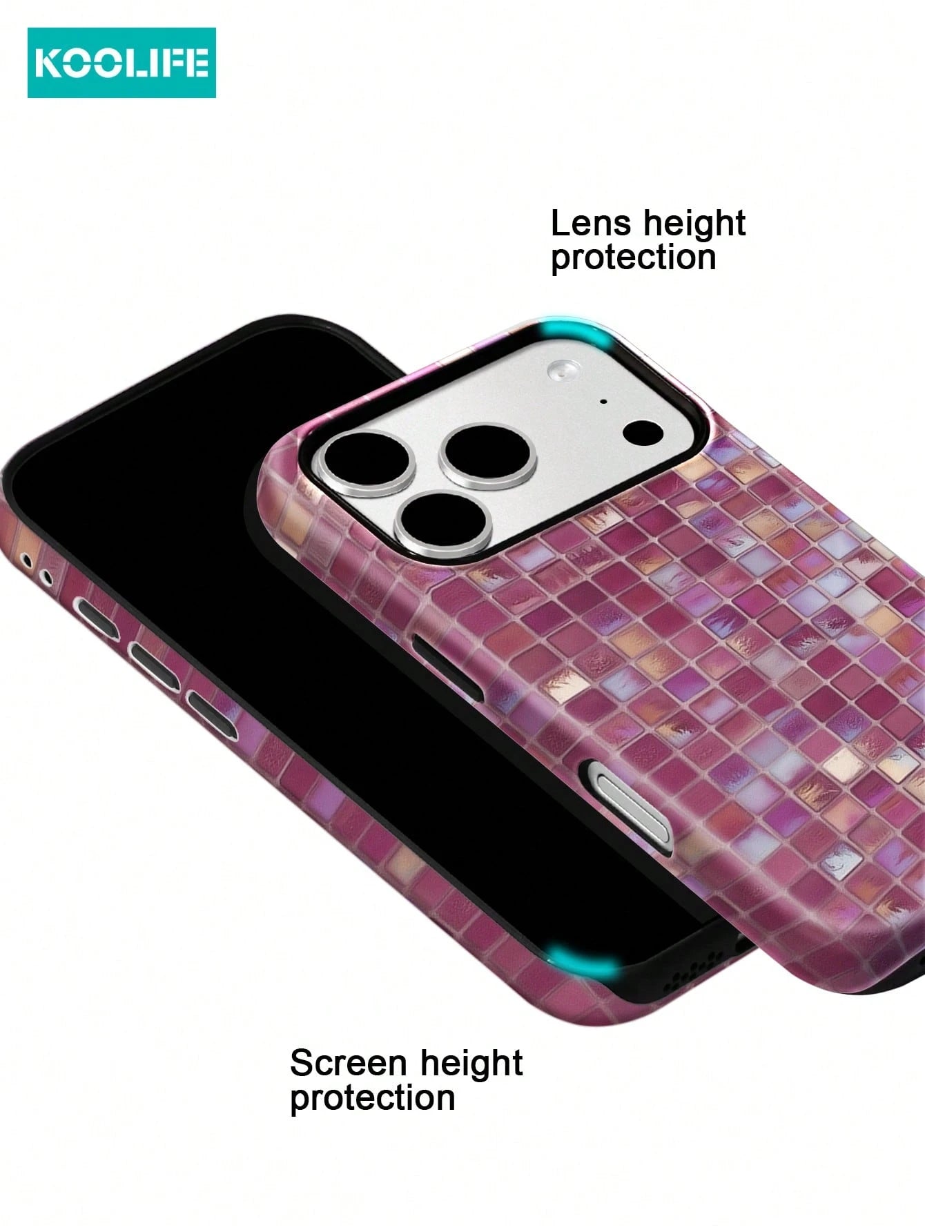 Koolife 1pc Purple Colorful Mosaic Grid Phone Case, 2-In-1 Phone Case, PC+TPU Material, Glossy Hard Shell, Shiny Tile Pattern Scratch-Resistant Anti-Drop Protective Cover, For Phone18pro/18pro Max/17