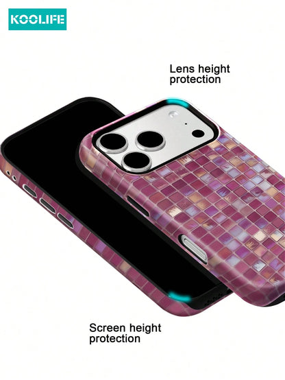 Koolife 1pc Purple Colorful Mosaic Grid Phone Case, 2-In-1 Phone Case, PC+TPU Material, Glossy Hard Shell, Shiny Tile Pattern Scratch-Resistant Anti-Drop Protective Cover, For Phone18pro/18pro Max/17