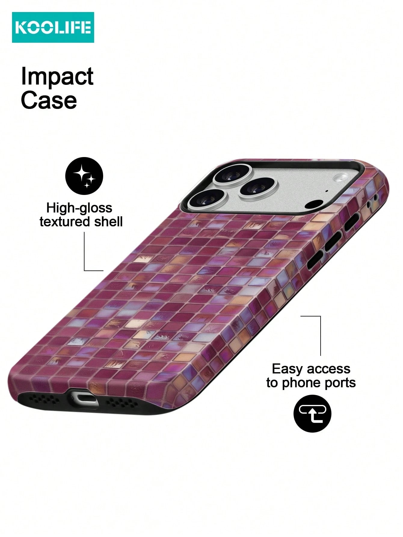 Koolife 1pc Purple Colorful Mosaic Grid Phone Case, 2-In-1 Phone Case, PC+TPU Material, Glossy Hard Shell, Shiny Tile Pattern Scratch-Resistant Anti-Drop Protective Cover, For Phone18pro/18pro Max/17