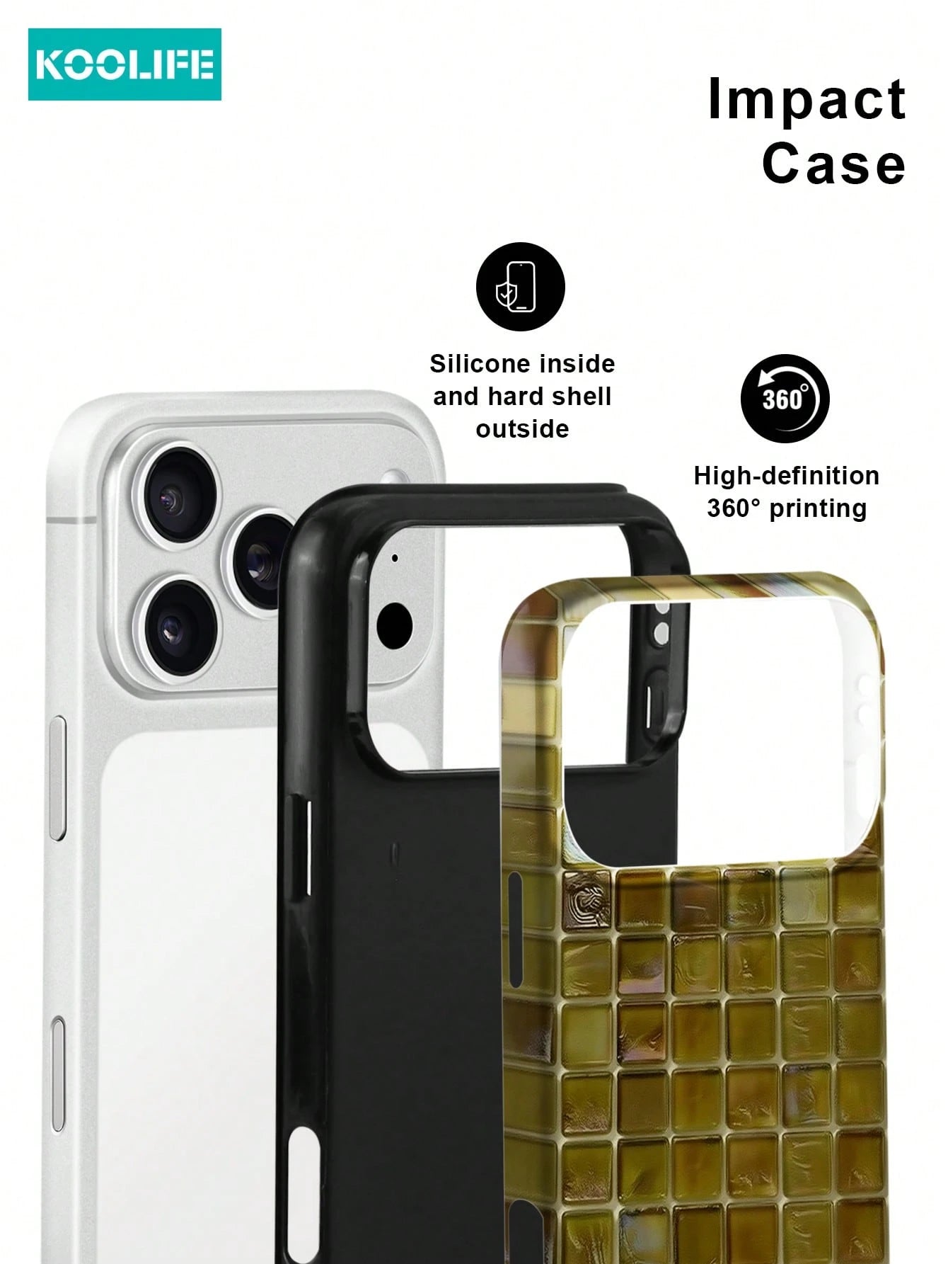 Koolife 1pc Purple Colorful Mosaic Grid Phone Case, 2-In-1 Phone Case, PC+TPU Material, Glossy Hard Shell, Shiny Tile Pattern Scratch-Resistant Anti-Drop Protective Cover, For Phone18pro/18pro Max/17