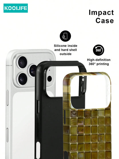 Koolife 1pc Purple Colorful Mosaic Grid Phone Case, 2-In-1 Phone Case, PC+TPU Material, Glossy Hard Shell, Shiny Tile Pattern Scratch-Resistant Anti-Drop Protective Cover, For Phone18pro/18pro Max/17
