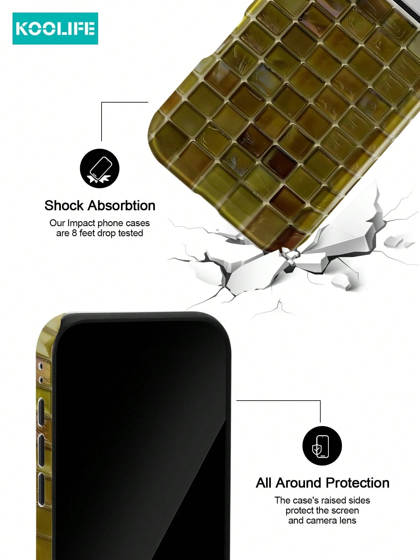 Koolife 1pc Purple Colorful Mosaic Grid Phone Case, 2-In-1 Phone Case, PC+TPU Material, Glossy Hard Shell, Shiny Tile Pattern Scratch-Resistant Anti-Drop Protective Cover, For Phone18pro/18pro Max/17