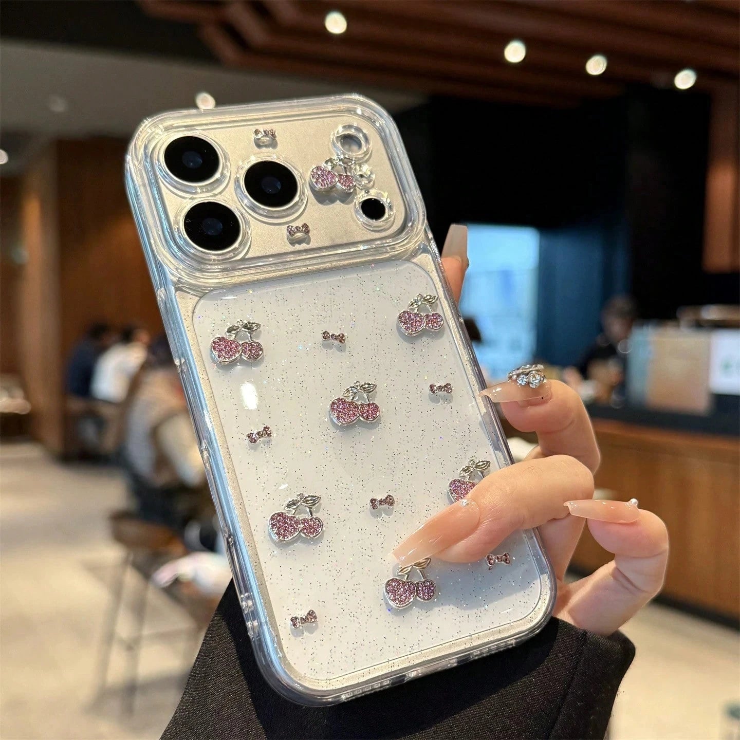 Korean Glitter Epoxy Resin 3D Cherry Blossom Phone Case Compatible With Iphone 17 Pro Max, 16 Pro Max, 15 Pro, 14 Pro, 13, Transparent Protective Cover, Super Beautiful Niche Girly Style