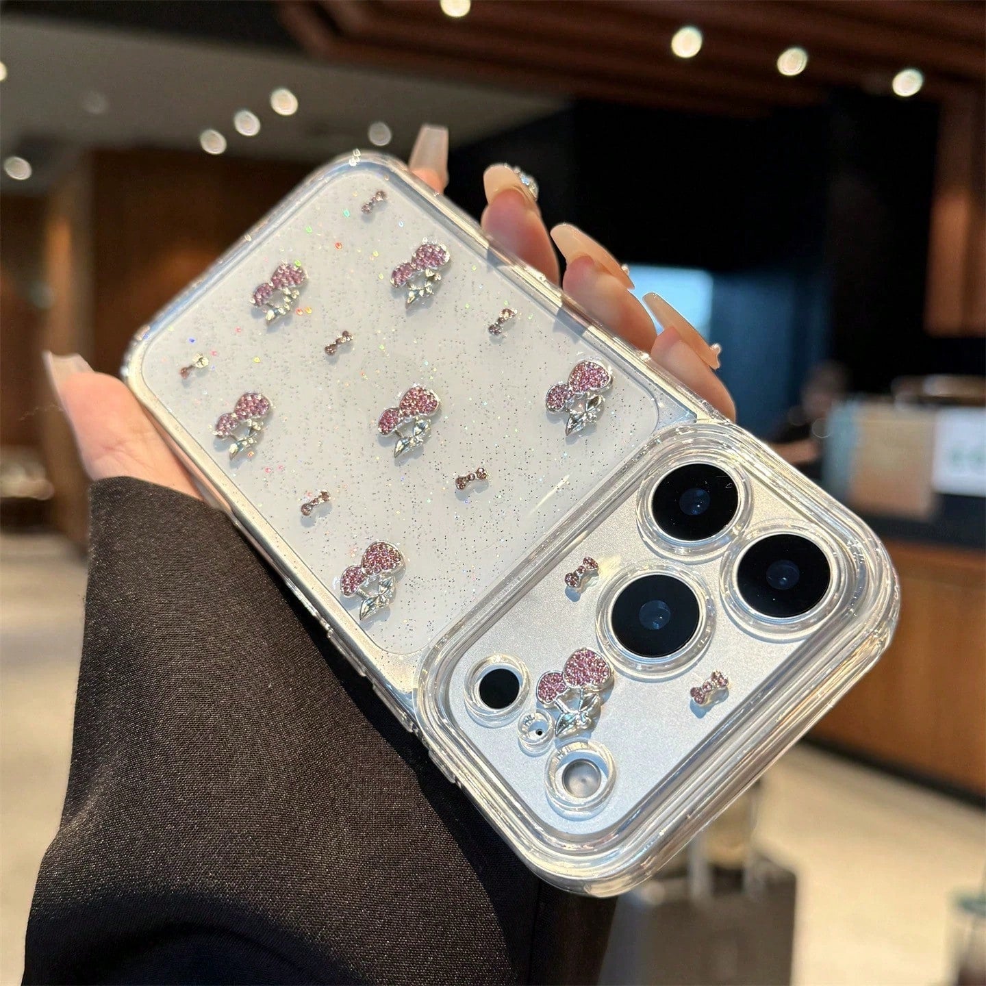 Korean Glitter Epoxy Resin 3D Cherry Blossom Phone Case Compatible With Iphone 17 Pro Max, 16 Pro Max, 15 Pro, 14 Pro, 13, Transparent Protective Cover, Super Beautiful Niche Girly Style