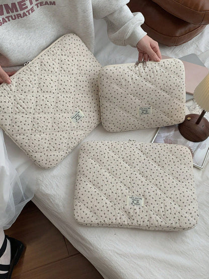 Korean Style Floral Quilted Laptop Sleeve, Multi-Size Shock-Resistant Inner Bag, Made Of Soft Quilted Fabric, Fresh & Minimalist, Double Zipper Opening With Thick Cushion Layer, Can Store Laptop, Tabl