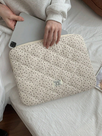 Korean Style Floral Quilted Laptop Sleeve, Multi-Size Shock-Resistant Inner Bag, Made Of Soft Quilted Fabric, Fresh & Minimalist, Double Zipper Opening With Thick Cushion Layer, Can Store Laptop, Tabl