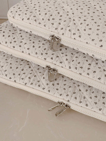 Korean Style Floral Quilted Laptop Sleeve, Multi-Size Shock-Resistant Inner Bag, Made Of Soft Quilted Fabric, Fresh & Minimalist, Double Zipper Opening With Thick Cushion Layer, Can Store Laptop, Tabl
