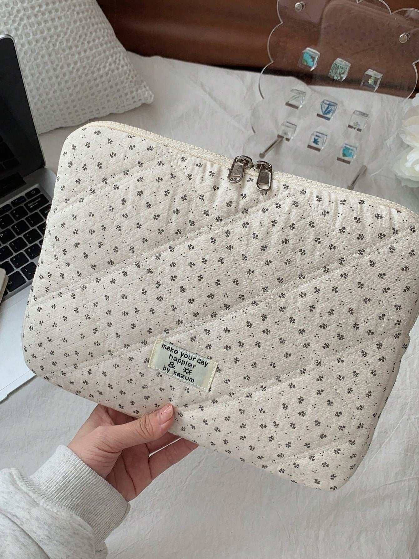 Korean Style Floral Quilted Laptop Sleeve, Multi-Size Shock-Resistant Inner Bag, Made Of Soft Quilted Fabric, Fresh & Minimalist, Double Zipper Opening With Thick Cushion Layer, Can Store Laptop, Tabl