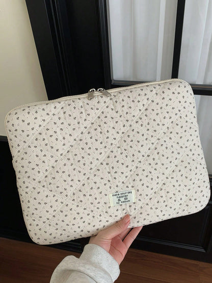 Korean Style Floral Quilted Laptop Sleeve, Multi-Size Shock-Resistant Inner Bag, Made Of Soft Quilted Fabric, Fresh & Minimalist, Double Zipper Opening With Thick Cushion Layer, Can Store Laptop, Tabl