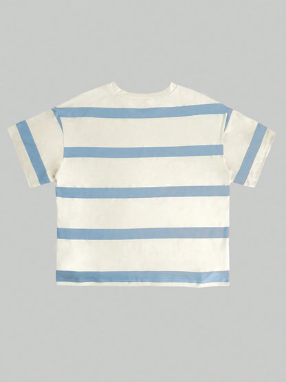 Korean Young Casual Loose Striped Short Sleeve Top, Spring Summer