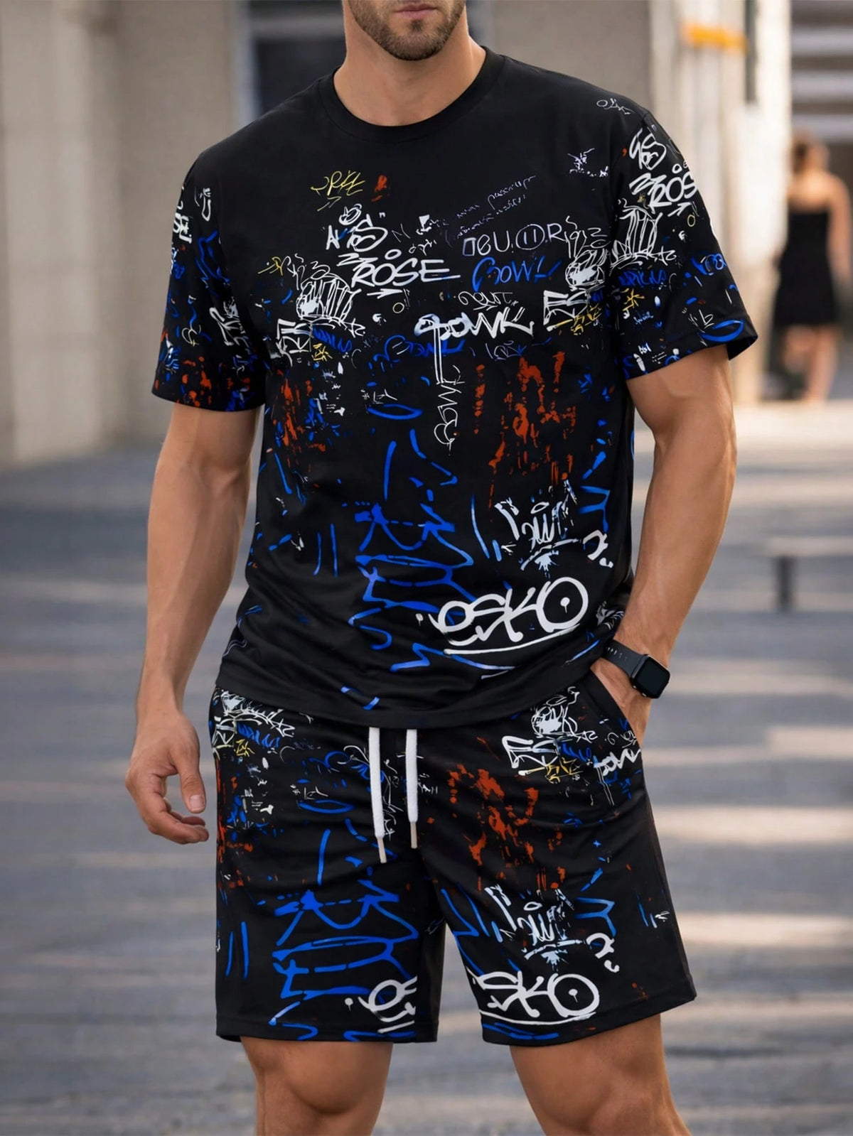 KOVSEE 2pcs Men Graffiti Skull Print Set, Casual Short Sleeve T-Shirt And Shorts Sports