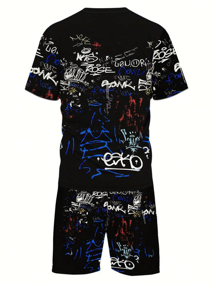 KOVSEE 2pcs Men Graffiti Skull Print Set, Casual Short Sleeve T-Shirt And Shorts Sports