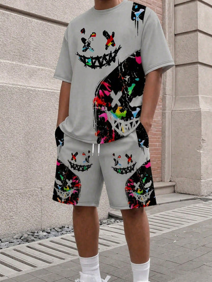 KOVSEE 2pcs Men Graffiti Skull Print Set, Casual Short Sleeve T-Shirt And Shorts Sports