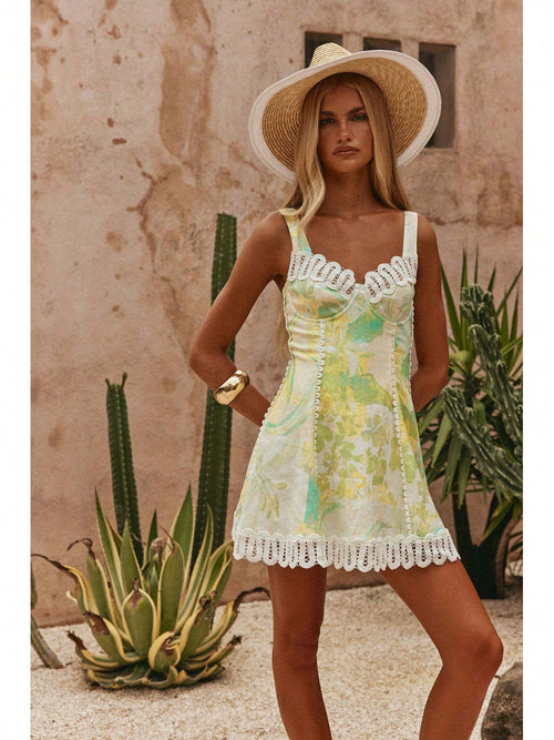 KZKZWK Abstract Print Corset Dress, Sweetheart Neck With Lace Trim, A-Line Flowy Mini Dress For Summer & Resort Wear