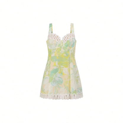 KZKZWK Abstract Print Corset Dress, Sweetheart Neck With Lace Trim, A-Line Flowy Mini Dress For Summer & Resort Wear