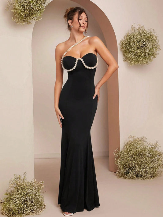 L'Amorae Faux Pearl Embellished Bustier Black Mermaid Dress, Elegant Dresses For Women, New Year, Homecoming, Christmas, Party Dress, Cocktail