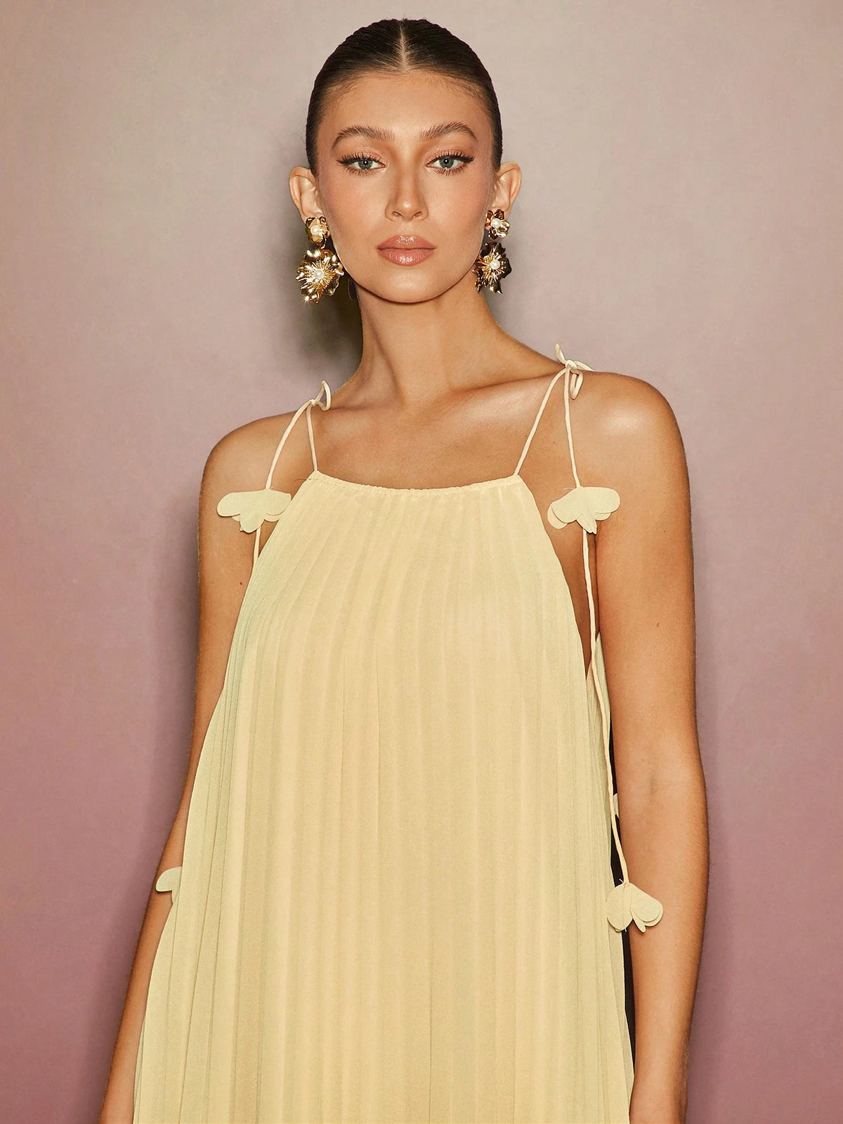 L'Amorae Summer Women Outfit, Women's Butter Yellow Chiffon Pleated Flared Mini Dress With Floral Strap, Dresses, Sundress, Dailywear, Vacation, Elegant