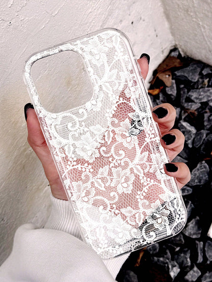 Lace Element White Fashion Soft Shockproof 1pc Anti-Slip Airbag Phone Case Compatible With IPhone 11/12/13/14/15/16 Pro Max Wedding Gift Party Birthday Anniversary