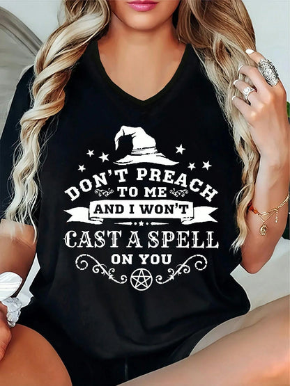 Ladies' Short Sleeve-Shirt Featuring Witch Letter QL20250220040, Summer- Relaxed Fit, A, Seasonal Apparel, Everyday Wear, Stylish, Soft Material, Breathable Fabric, Women'S Tee, Halloween