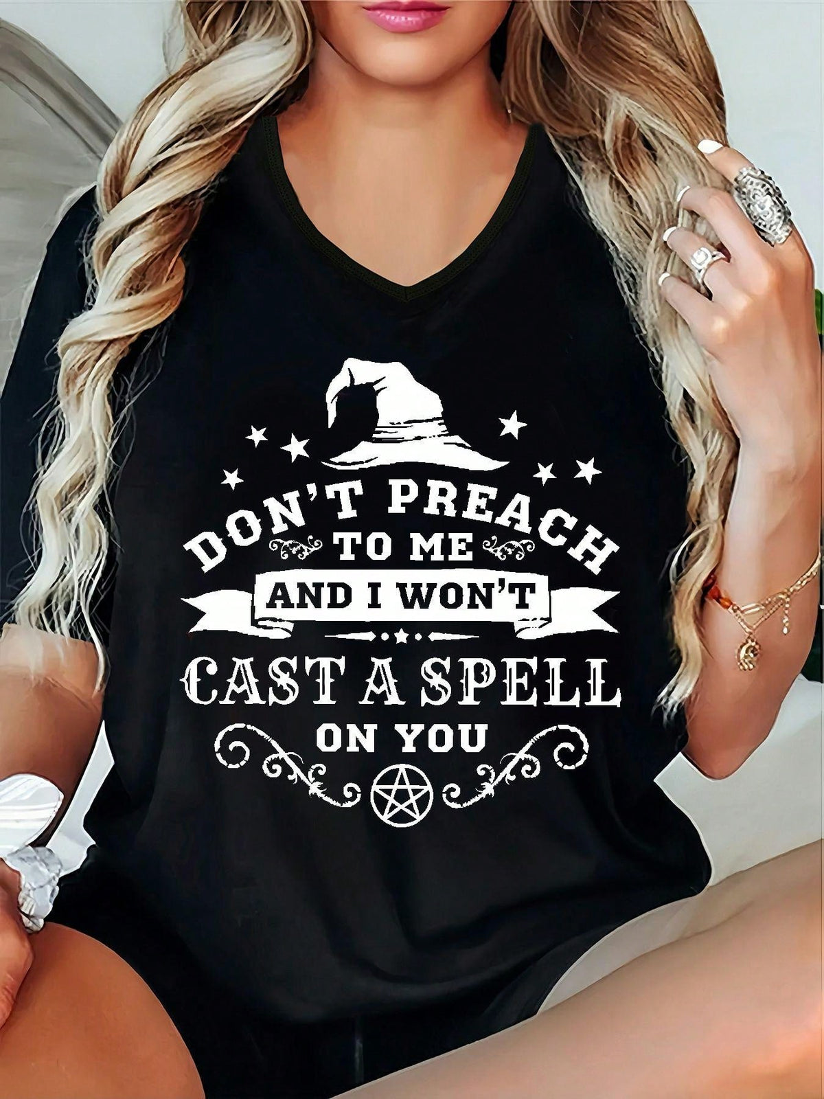 Ladies' Short Sleeve-Shirt Featuring Witch Letter QL20250220040, Summer- Relaxed Fit, A, Seasonal Apparel, Everyday Wear, Stylish, Soft Material, Breathable Fabric, Women'S Tee, Halloween