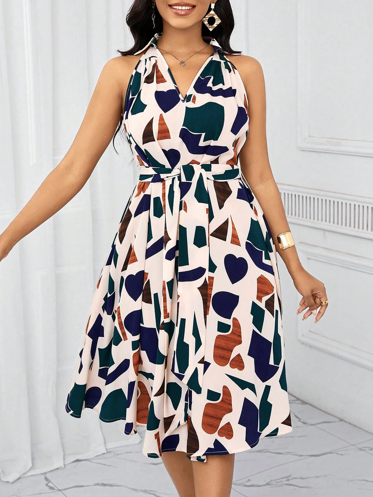 Lady Holiday Dresses Geometric Print Bow Waist Dress For Women Summer, Vacation Outfits Women