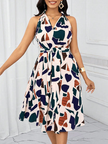 Lady Holiday Dresses Geometric Print Bow Waist Dress For Women Summer, Vacation Outfits Women