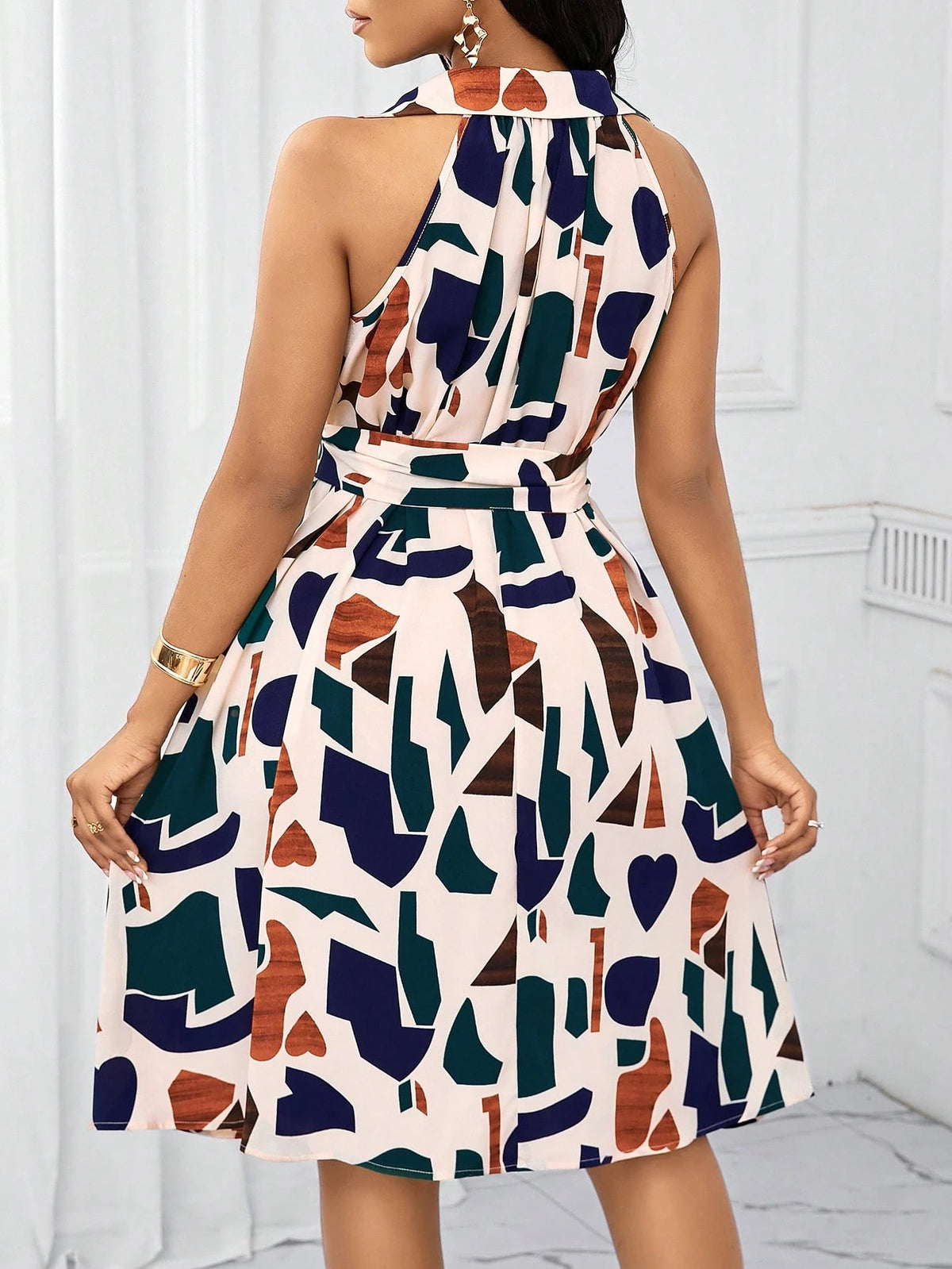 Lady Holiday Dresses Geometric Print Bow Waist Dress For Women Summer, Vacation Outfits Women