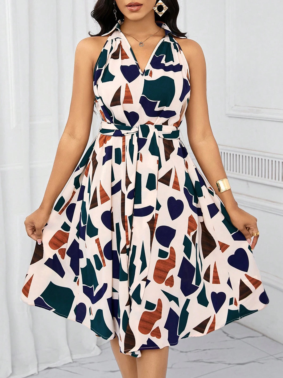 Lady Holiday Dresses Geometric Print Bow Waist Dress For Women Summer, Vacation Outfits Women