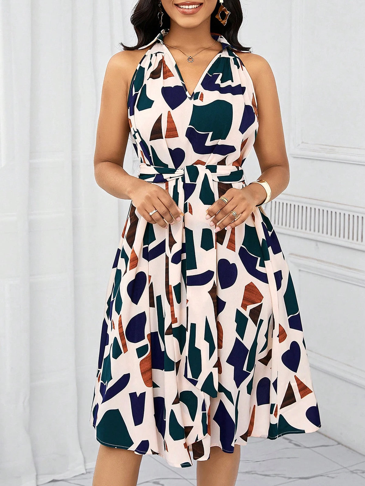 Lady Holiday Dresses Geometric Print Bow Waist Dress For Women Summer, Vacation Outfits Women