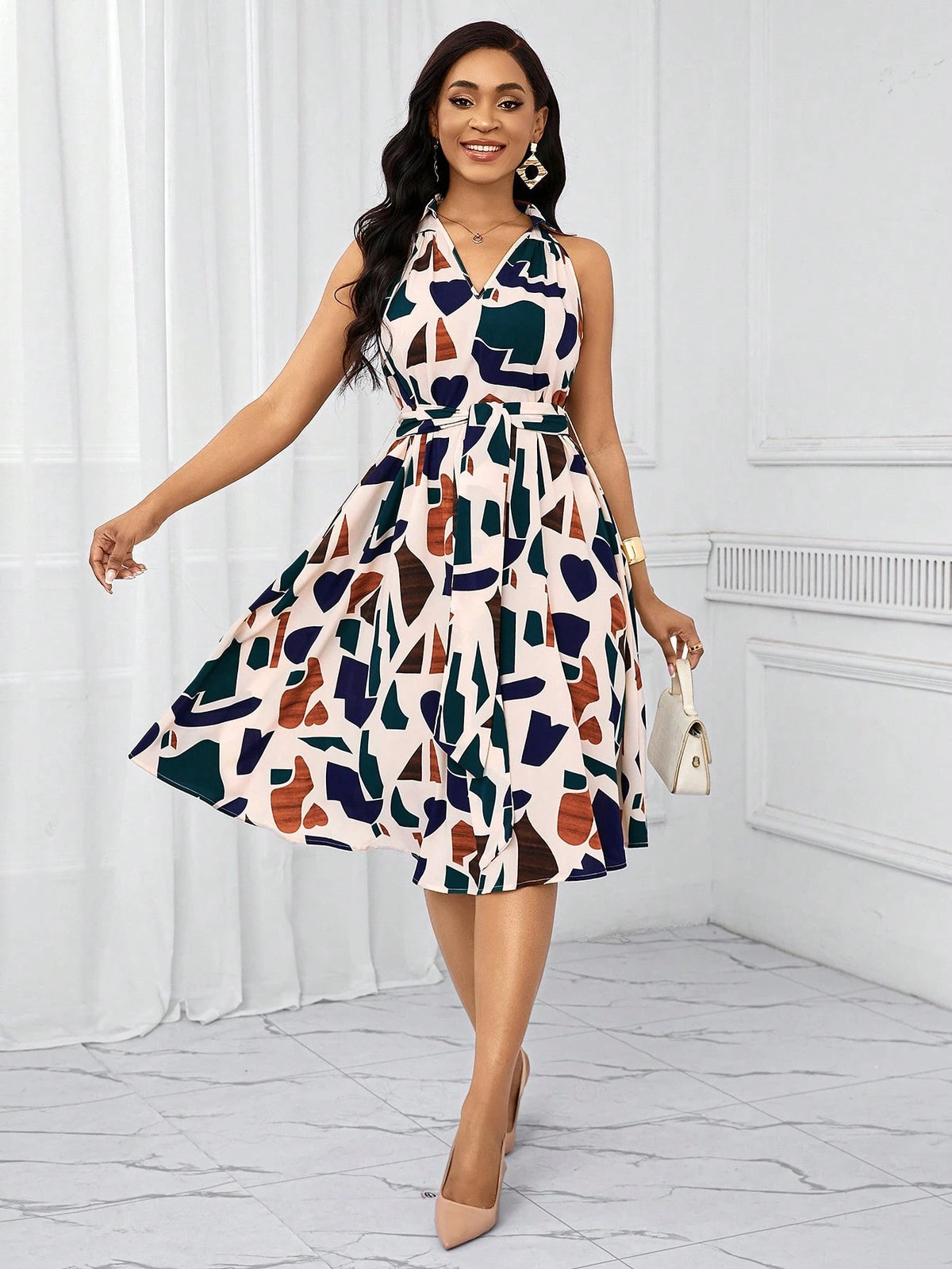 Lady Holiday Dresses Geometric Print Bow Waist Dress For Women Summer, Vacation Outfits Women
