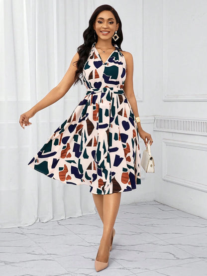 Lady Holiday Dresses Geometric Print Bow Waist Dress For Women Summer, Vacation Outfits Women