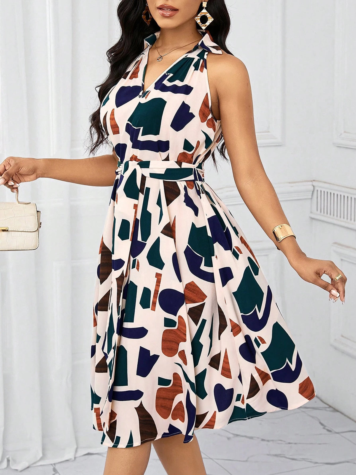 Lady Holiday Dresses Geometric Print Bow Waist Dress For Women Summer, Vacation Outfits Women