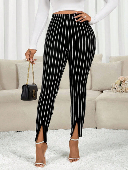 Lady Women's Button Waist Design Elastic Waist Skinny Casual Elegant Pants, Autumn Teachers' Day Brunch Business Office Work Black And White Striped
