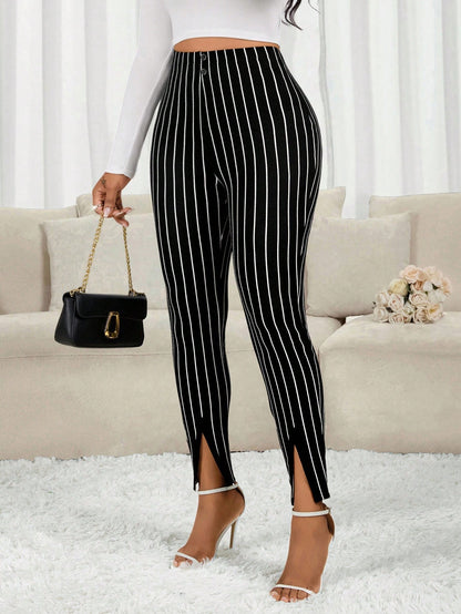 Lady Women's Button Waist Design Elastic Waist Skinny Casual Elegant Pants, Autumn Teachers' Day Brunch Business Office Work Black And White Striped
