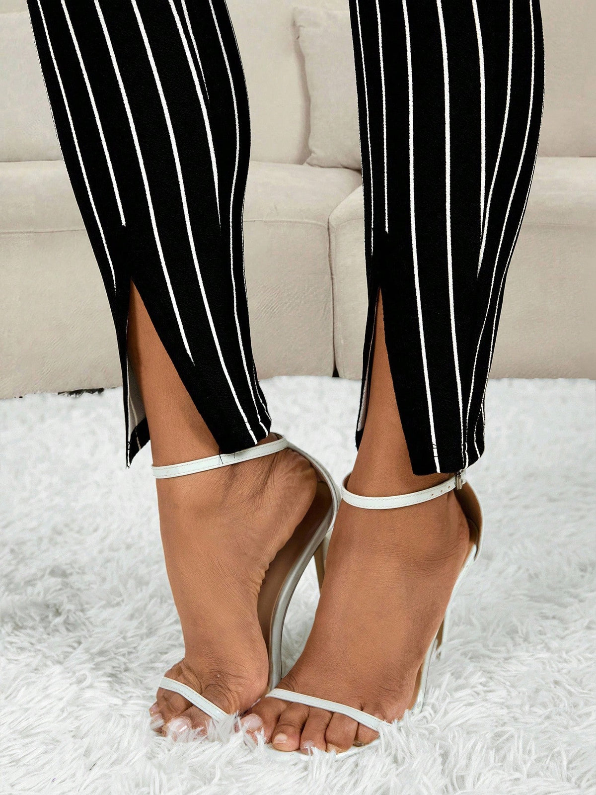 Lady Women's Button Waist Design Elastic Waist Skinny Casual Elegant Pants, Autumn Teachers' Day Brunch Business Office Work Black And White Striped