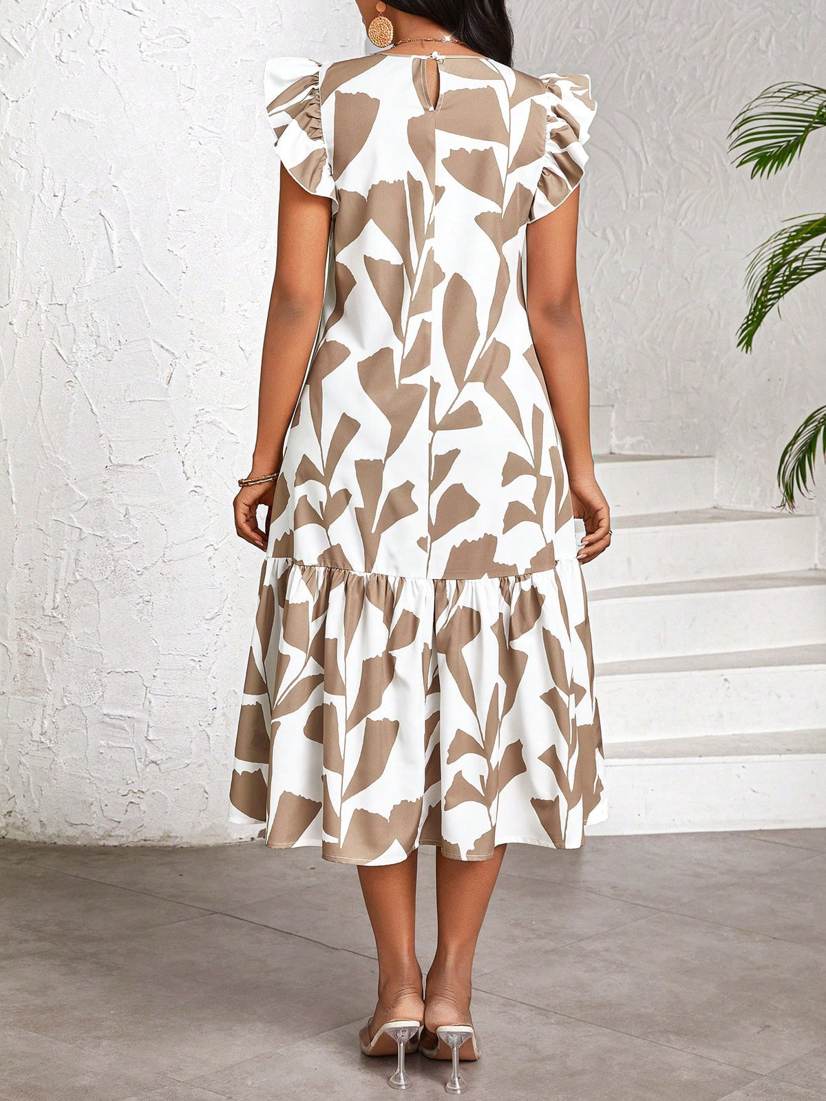 Lady Women's Vacation Plant Print Round Neck Cap Sleeve Ruffle Hem Casual Sexy Tropical Fashionable Dress Garden Party Vacation White Summer