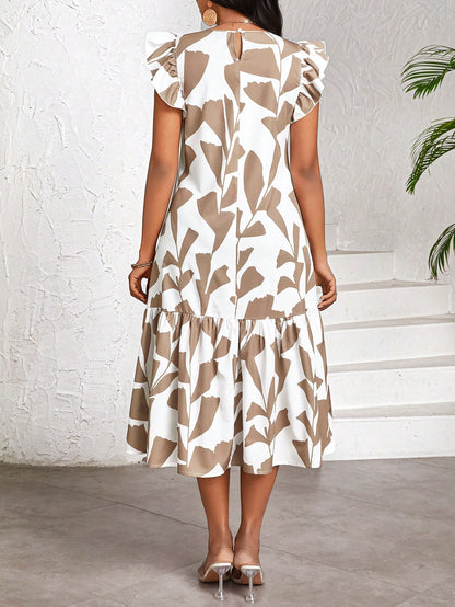Lady Women's Vacation Plant Print Round Neck Cap Sleeve Ruffle Hem Casual Sexy Tropical Fashionable Dress Garden Party Vacation White Summer