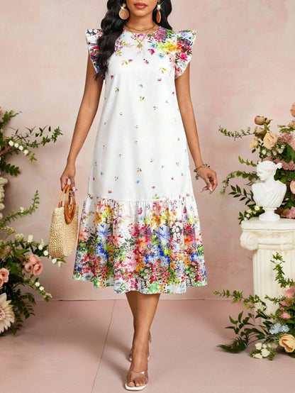 Lady Women's Vacation Plant Print Round Neck Cap Sleeve Ruffle Hem Casual Sexy Tropical Fashionable Dress Garden Party Vacation White Summer
