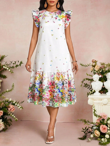Lady Women's Vacation Plant Print Round Neck Cap Sleeve Ruffle Hem Casual Sexy Tropical Fashionable Dress Garden Party Vacation White Summer