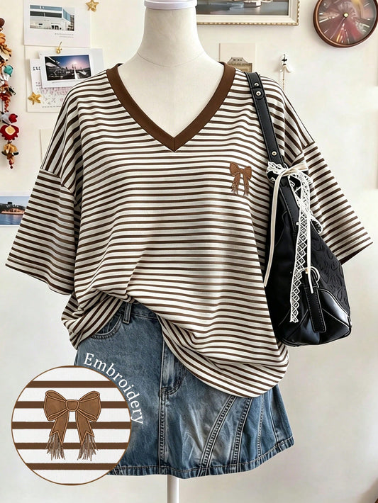 Lalippa Striped Digital Print Bow Embroidery Fashion Minimalist Women's V-Neck Dropped Shoulder T-Shirt Friend's Gift
