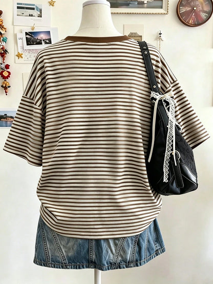 Lalippa Striped Digital Print Bow Embroidery Fashion Minimalist Women's V-Neck Dropped Shoulder T-Shirt Friend's Gift