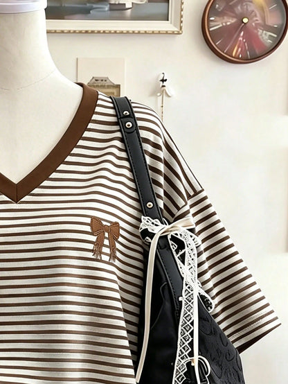 Lalippa Striped Digital Print Bow Embroidery Fashion Minimalist Women's V-Neck Dropped Shoulder T-Shirt Friend's Gift