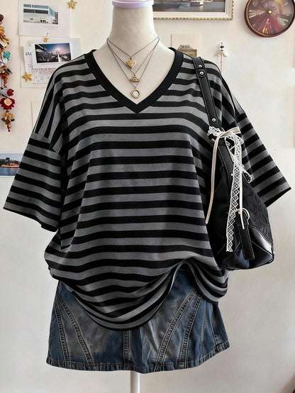 Lalippa Striped Digital Print Bow Embroidery Fashion Minimalist Women's V-Neck Dropped Shoulder T-Shirt Friend's Gift