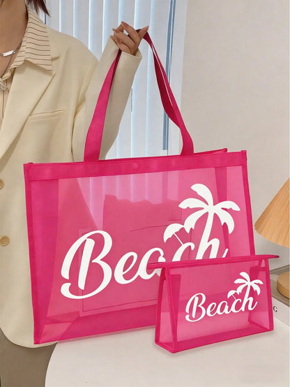 Large Capacity Net Bag Set, "Beach" Pattern Printed Net Bag, Mesh Beach Tote Bag, Mesh Cosmetic Bag, Foldable Large Capacity Beach Bag, Waterproof And Sandproof, Letter Decor Mesh Beach Tote Bag, Pers