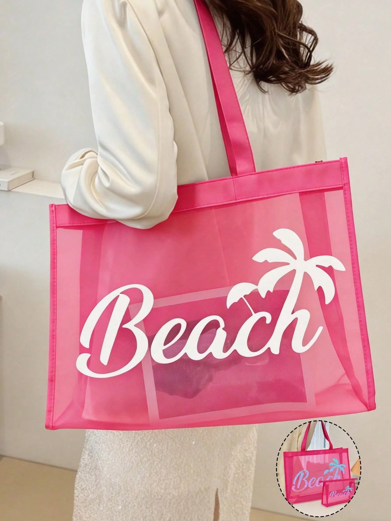 Large Capacity Net Bag Set, "Beach" Pattern Printed Net Bag, Mesh Beach Tote Bag, Mesh Cosmetic Bag, Foldable Large Capacity Beach Bag, Waterproof And Sandproof, Letter Decor Mesh Beach Tote Bag, Pers