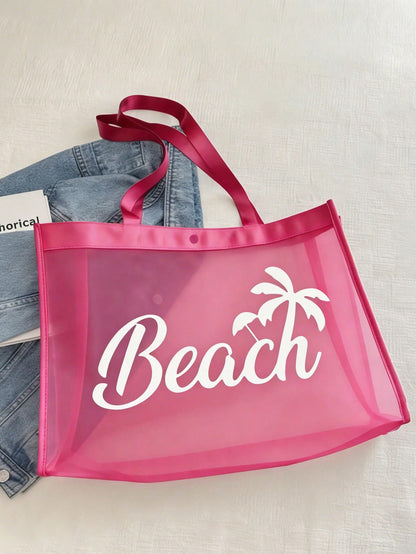 Large Capacity Net Bag Set, "Beach" Pattern Printed Net Bag, Mesh Beach Tote Bag, Mesh Cosmetic Bag, Foldable Large Capacity Beach Bag, Waterproof And Sandproof, Letter Decor Mesh Beach Tote Bag, Pers