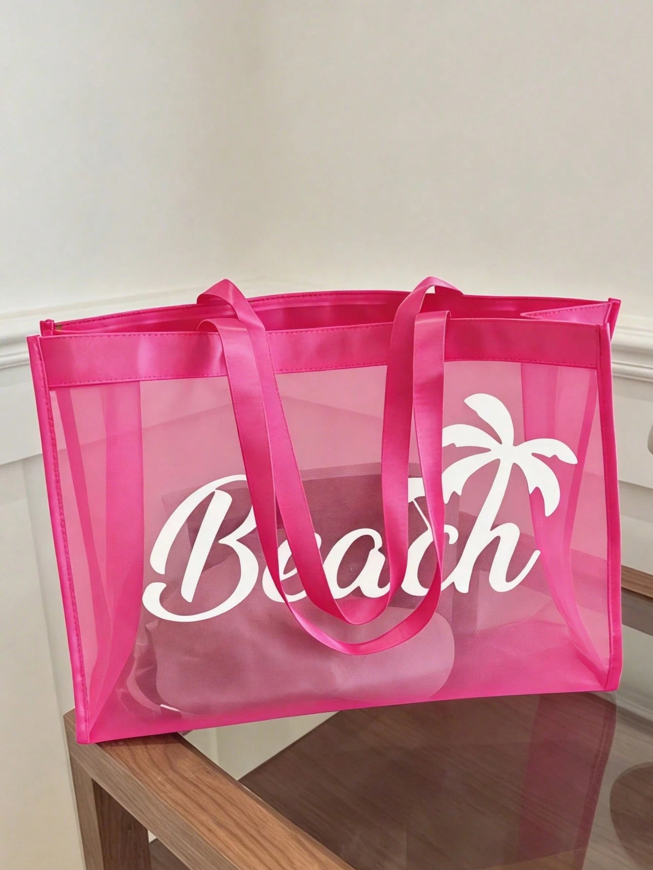 Large Capacity Net Bag Set, "Beach" Pattern Printed Net Bag, Mesh Beach Tote Bag, Mesh Cosmetic Bag, Foldable Large Capacity Beach Bag, Waterproof And Sandproof, Letter Decor Mesh Beach Tote Bag, Pers
