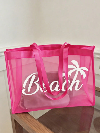Large Capacity Net Bag Set, "Beach" Pattern Printed Net Bag, Mesh Beach Tote Bag, Mesh Cosmetic Bag, Foldable Large Capacity Beach Bag, Waterproof And Sandproof, Letter Decor Mesh Beach Tote Bag, Pers